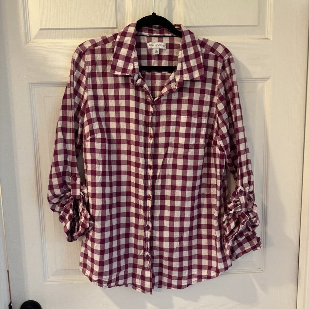 Kim Rogers‎ Women's Collared Roll Tab Sleeve Gingham Blouse Red White Button XL